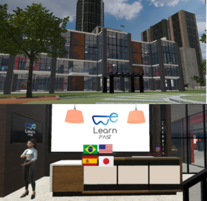 Campus virtual e recepção da WeLearnFast no VRChat usados para aulas imersivas de inglês no metaverso com avatares